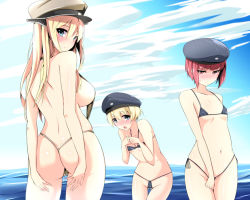 Rule 34 | 10s, 3girls, ass, bare shoulders, bikini, bismarck (kancolle), blonde hair, blue eyes, blush, breasts, brown eyes, cloud, covering privates, covering crotch, day, dimples of venus, embarrassed, flat chest, from behind, german text, hat, kantai collection, kichihachi, large breasts, leaning forward, long hair, looking back, micro bikini, multiple girls, navel, outdoors, red hair, sailor hat, shiny skin, short hair, side-tie bikini bottom, sideboob, sky, slingshot swimsuit, strap gap, swimsuit, thong, thong bikini, water, z1 leberecht maass (kancolle), z3 max schultz (kancolle)