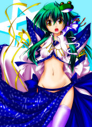 Rule 34 | 1girl, :d, :p, breasts, detached sleeves, dress, female focus, green hair, groin, hair ornament, hair ribbon, hairpin, happy, japanese clothes, jewelry, kochiya sanae, long hair, midriff, miko, navel, necklace, no bra, no panties, open mouth, oushi, ribbon, sidelocks, smile, snake, solo, thighhighs, tongue, tongue out, touhou, underboob, white thighhighs, yellow eyes