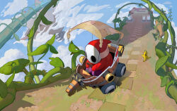 1other ?_block absurdres aircraft arrow_(symbol) banana banana_peel cannon cloud commentary english_commentary food fruit glider highres hollow_eyes hollow_mouth hood hood_up leaf mario_(series) mario_kart mario_kart_8 mask miguelangelo nintendo plant ship shy_guy sitting spikes vines watercraft