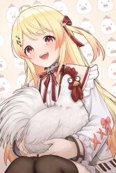 Rule 34 | 1girl, :d, ahoge, animal, bird, black thighhighs, blush, chicken, commentary request, frilled shirt collar, frilled sleeves, frills, hair ribbon, highres, holding, holding animal, holding bird, hololive, hololive dev is, invisible chair, long hair, looking at viewer, neck ribbon, one side up, open mouth, otonose kanade, red ribbon, ribbon, shirt, sitting, smile, solo, thighhighs, very long hair, virtual youtuber, wattai, white shirt, zettai ryouiki