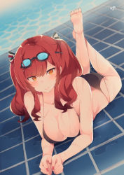 Rule 34 | 1girl, ahoge, ass, azur lane, bad id, bad pixiv id, bikini, black bikini, blush, breasts, checkered floor, cleavage, closed mouth, collarbone, commentary request, feet, fingernails, goggles, goggles on head, hair ribbon, highres, large breasts, long hair, looking at viewer, lying, muuran, o-ring, o-ring bikini, on stomach, orange eyes, pool, ribbon, signature, smile, solo, swimsuit, two side up, wet, zara (azur lane), zara (poolside coincidence) (azur lane)