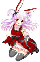 Rule 34 | 1girl, :d, animal ears, argyle, black thighhighs, blush, clothes lift, dress, dress lift, holding, kashiwagi yun, kneeling, light purple hair, long hair, niwaka yuan, open mouth, original, purple eyes, rabbit ears, red eyes, short twintails, simple background, smile, solo, thighhighs, twintails, two side up, white background
