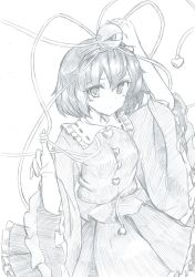 Rule 34 | 1girl, :|, arm up, blouse, buttons, closed mouth, collar, cowboy shot, frilled shirt collar, frilled skirt, frilled sleeves, frills, from above, graphite (medium), greyscale, hair between eyes, hairband, heart, highres, komeiji satori, long skirt, long sleeves, looking at viewer, mahiro (akino-suisen), monochrome, on head, shirt, short hair, skirt, skirt set, solo, third eye, touhou, traditional media, wide sleeves