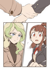 Rule 34 | alternate costume, black jacket, blonde hair, blue eyes, brown hair, confused, diana cavendish, formal, hands on another&#039;s wrists, highres, holding another&#039;s wrist, jacket, kagari atsuko, little witch academia, long hair, looking at another, multicolored hair, multiple girls, open mouth, red eyes, simple background, suit, surprised, tonton (mathcaca24), yuri