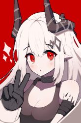 Rule 34 | 1girl, arknights, black gloves, black tank top, blush, breasts, cleavage, gloves, greypidjun, hair ornament, horns, long hair, medium breasts, mudrock (arknights), mudrock (elite ii) (arknights), parted lips, pointy ears, red background, red eyes, simple background, solo, sparkle, tank top, upper body, v, white hair