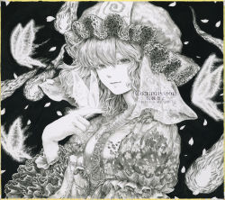 Rule 34 | 1girl, absurdres, bug, butterfly, cherry blossoms, falling leaves, falling petals, fingernails, highres, insect, leaf, light smile, looking at viewer, moon, muha kakka, petals, rose petals, saigyouji yuyuko, solo, touhou, traditional media, triangular headpiece, wind