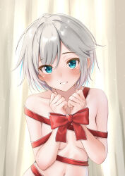 1girl absurdres anastasia_(idolmaster) blush bound bound_wrists breasts breasts_apart ca_paria collarbone commentary_request convenient_arm curtains grey_hair highres idolmaster idolmaster_cinderella_girls indoors looking_at_viewer medium_breasts naked_ribbon navel red_ribbon ribbon short_hair smile solo straight-on upper_body