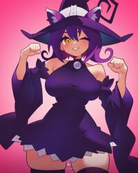 1girl :3 animal_ears blair_(soul_eater) blush breasts cat_ears detached_sleeves dress flipherrrr hair_between_eyes hat highres large_breasts long_hair looking_at_viewer one_eye_closed paw_pose purple_hair smile solo soul_eater thighhighs witch witch_hat yellow_eyes