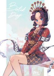 1girl artist_name batik black_hair blue_eyes border closed_mouth clothing_request dragon_ball dragonball_z dress hair_tubes hands_on_lap highres indonesian_clothes indonesian_text invisible_chair kebaya looking_at_viewer low_twintails meteorstaar parted_bangs sitting smile solo twintails videl white_border