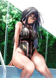 Rule 34 | 1girl, absurdres, alternate costume, arm support, azur lane, bare shoulders, black hair, black one-piece swimsuit, breasts, chain-link fence, character name, closed mouth, collarbone, competition swimsuit, covered navel, day, fence, groin, hair between eyes, highleg, highres, large breasts, lens flare, long hair, looking at viewer, multicolored hair, one-piece swimsuit, one side up, oriue wato, outdoors, page number, poolside, red eyes, sidelocks, sitting, soaking feet, solo, streaked hair, swimsuit, u-47 (azur lane), white hair