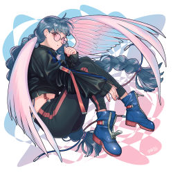 Rule 34 | 1girl, :o, absurdres, black jacket, black pants, blue background, blue footwear, blue hair, boots, braid, commentary request, cropped jacket, full body, glasses, hand up, highres, jacket, knees up, long hair, long sleeves, midriff, original, pants, parted lips, pink background, raito (latek), red eyes, signature, sitting, solo, twin braids, very long hair, white background, wings