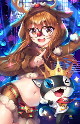 Rule 34 | 1girl, :d, animal, animal costume, bell, black-framed eyewear, blush, brown eyes, brown hair, brown shorts, cat, choker, christmas, cowboy shot, crop top, crown, floating hair, fur trim, glasses, highres, hood, hoodie, light particles, long hair, long sleeves, looking at viewer, midriff, morgana (persona 5), navel, one eye closed, open mouth, outstretched arm, persona, persona 5, persona 5: dancing star night, persona dancing, red ribbon, red scarf, reindeer costume, ribbon, sakura futaba, scarf, shirt, short shorts, shorts, sleeves past wrists, smile, speaker, squchan, stage lights, standing, stomach, white shirt