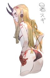 Rule 34 | 1girl, ass, bare arms, bare shoulders, bikini, black bikini, black horns, blonde hair, breasts, cropped legs, earrings, facial mark, fate/grand order, fate (series), hit-kun, horns, ibaraki douji (fate), ibaraki douji (fate/grand order), ibaraki douji (swimsuit lancer) (fate), ibaraki douji (swimsuit lancer) (first ascension) (fate), jewelry, long hair, looking back, oni, oni horns, parted lips, pointy ears, simple background, small breasts, solo, swimsuit, tattoo, very long hair, white background, yellow eyes