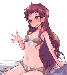 Rule 34 | 1girl, barefoot, bed sheet, blush, bow, bow bra, bow panties, bra, breasts, brown bra, brown eyes, brown hair, brown panties, cleavage, collarbone, embarrassed, freckles, groin, isuzu (log horizon), log horizon, long hair, mo (deciliter), navel, open mouth, panties, polka dot, polka dot bra, polka dot panties, simple background, small breasts, solo, sweat, sweatdrop, tearing up, underwear, underwear only, very long hair, white background, white bow, white polka dots