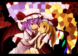 Rule 34 | 2girls, bad id, bad pixiv id, blonde hair, female focus, finger in another&#039;s mouth, flandre scarlet, hat, incest, mugi (banban53), multiple girls, open clothes, open shirt, purple hair, red eyes, remilia scarlet, saliva, shirt, siblings, sisters, touhou, wings, yuri
