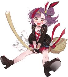 Rule 34 | 1girl, absurdres, blush, boots, broom, broom riding, collarbone, commentary request, fingerless gloves, full body, gloves, hair ornament, highres, jacket, looking at viewer, open mouth, purple hair, shirt, short hair, simple background, solo, t-shirt, tenjin kotone, tenjin kotone (channel), tonarikeru, virtual youtuber, white background