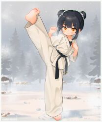 Rule 34 | 1girl, absurdres, barefoot, belt, black belt, black hair, border, chinese commentary, closed mouth, commentary request, double bun, dougi, full body, hair bun, highres, kuma-bound, looking at viewer, martial arts belt, medium hair, original, outdoors, pants, smile, snowing, soles, solo, standing, standing on one leg, toes, tree, white border, white pants, winter, yellow eyes