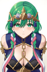 Rule 34 | 1girl, absurdres, alternate costume, blue dress, braid, breasts, byleth (female) (fire emblem), byleth (fire emblem), chain, cleavage, cosplay, dress, enlightened byleth (female), fire emblem, fire emblem: three houses, green eyes, green hair, hair ribbon, highres, large breasts, looking at viewer, medium hair, nintendo, official alternate hair color, ribbon, ribbon braid, side braid, solo, sothis (fire emblem), sothis (fire emblem) (cosplay), tiara, twin braids, ushiroki, white ribbon