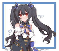 Rule 34 | 1girl, bare shoulders, black hair, blush, breasts, cleavage, detached sleeves, dress, frilled dress, frills, hair ribbon, haruna (citrus love i), highres, long hair, medium breasts, neptune (series), noire (neptunia), red eyes, ribbon, solo, twintails, twitter username