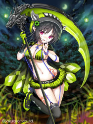 Rule 34 | 1girl, bad id, bad pixiv id, bangle, bikini, bikini top only, black hair, black thighhighs, bracelet, breasts, cape, cleavage, garter straps, gloves, green bikini, green footwear, green gloves, green skirt, holding, holding scythe, jewelry, leg tattoo, leg up, looking at viewer, medium breasts, microskirt, navel, official art, open mouth, pointy ears, red eyes, scythe, shoes, short hair, single glove, skirt, smile, solo, standing, standing on one leg, stomach, stomach tattoo, string bikini, suspenders, swimsuit, tattoo, teikoku senki, thighhighs, thighs, yuuki rika, zettai ryouiki