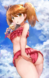Rule 34 | 10s, 1girl, adjusting clothes, adjusting swimsuit, alternate costume, ass, bikini, bikini skirt, brown eyes, brown hair, cloud, cloudy sky, day, flat chest, food, frilled bikini, frilled skirt, frills, from below, hair between eyes, highres, ice cream, kantai collection, long hair, looking at viewer, md5 mismatch, okitsugu, outdoors, pink bikini, red bikini, revision, ryuujou (kancolle), sideways hat, skirt, sky, solo, stomach, sweat, swimsuit, thighs, tongue, tongue out, twintails, visor cap