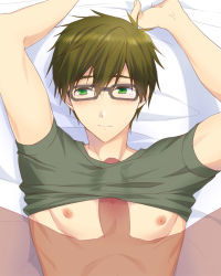 Rule 34 | 10s, 2boys, arms up, breasts, brown hair, clothes lift, cum, free!, from above, glasses, green shirt, looking at viewer, lying, male focus, mo (nmnme), multiple boys, naizuri, nipples, on back, paizuri, penis, pov, shirt, shirt lift, short sleeves, tachibana makoto, tearing up, tears, transparent, uncensored, wavy mouth, yaoi
