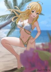 1girl :d ahoge asn2dn barefoot bikini blonde_hair blue_sky breasts cameltoe collarbone commentary_request commission corrupted_twitter_file day green_eyes highres hoshii_miki idolmaster idolmaster_(classic) large_breasts linea_alba long_hair navel open_mouth outdoors palm_tree second-party_source skeb_commission sky smile solo swimsuit toes tongue tree watermark white_bikini