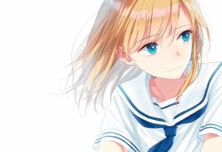 Rule 34 | 1girl, :|, blonde hair, blue eyes, blue neckerchief, closed mouth, commentary request, hami yura, long hair, looking at viewer, mole, mole under eye, neckerchief, original, school uniform, serafuku, shirt, short sleeves, simple background, solo, tearing up, tears, upper body, white background, wind