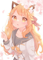 Rule 34 | 1girl, animal ears, blouse, bow, bowtie, braid, buttons, collarbone, commentary request, flower, hair bow, hair ornament, hairclip, hand up, highres, hoonie (hoonie friends), hoonie friends, long hair, long sleeves, looking up, maka neko, open mouth, orange bow, orange bowtie, orange eyes, orange hair, petals, pink bow, sailor collar, shirt, single braid, solo, teeth, upper body, upper teeth only, virtual youtuber, wavy hair, white shirt, x hair ornament