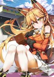 Rule 34 | 10s, 1girl, absurdres, animal ears, arcade cabinet, black gloves, blush, breasts, brown hair, day, ezo red fox (kemono friends), fox ears, fox tail, fur trim, gloves, hair between eyes, hair flaps, handheld game console, highres, japari symbol, kemono friends, knees together feet apart, large breasts, long hair, looking at viewer, mecha musume, mechanical ears, multicolored hair, outdoors, parted lips, pleated skirt, sitting, skirt, sky, solo, streaked hair, tail, thighhighs, tsurime, white skirt, white thighhighs, yellow eyes, zelitto