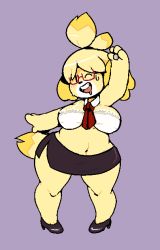 Rule 34 | 1girl, animal crossing, animal ears, arm up, black eyes, black footwear, black skirt, blonde hair, blush, bra, breasts, detached collar, dog ears, dog girl, dog tail, drooling, female focus, full body, furry, furry female, glasses, happy, high heels, isabelle (animal crossing), jaggy lines, large breasts, looking at viewer, mangneto, miniskirt, navel, necktie, nintendo, one eye closed, open mouth, pencil skirt, pigeon-toed, purple background, red-framed eyewear, red necktie, shoes, short hair, side slit, simple background, skirt, smile, solo, standing, sweat, tail, teeth, topknot, underwear, white bra, wide hips, wink