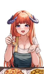 Rule 34 | 1girl, :d, absurdres, alternate costume, arknights, bagpipe (arknights), blunt bangs, blush, commentary request, gongbangmanchi (daisy cutter), hands up, highres, holding, holding spoon, horns, long hair, looking at viewer, open mouth, orange hair, purple eyes, shirt, short sleeves, simple background, smile, solo, spoon, upper body, very long hair, white background, white shirt