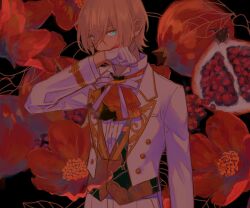 Rule 34 | 1boy, black hair, blonde hair, blood, blood on face, blue eyes, ensemble stars!, flower, flowering quince, food, fruit, gloves, jacket, long sleeves, looking at viewer, male focus, mug (shade-right), pants, pomegranate, red flower, short hair, solo, tenshouin eichi, white gloves, white jacket, white pants, wiping blood