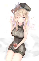 Rule 34 | 1girl, ;), bare arms, bare shoulders, beret, black hat, black sweater, blonde hair, blue eyes, blue hairband, blush, breasts, closed mouth, commentary request, cup, drink, girls&#039; frontline, hair between eyes, hairband, hand up, hat, heart, highres, holding, holding cup, large breasts, one eye closed, one side up, pixiv id, ribbed sweater, signature, sleeveless, smile, solo, steam, suomi (girls&#039; frontline), sweater, teratsuki, tilted headwear, white background