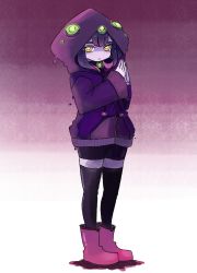 Rule 34 | 1girl, absurdres, alternate costume, ankle boots, bike shorts, black thighhighs, boots, closed mouth, colored skin, commentary, extra eyes, full body, gradient background, highres, hood, hood up, hoodie, latenight, long sleeves, looking at viewer, mind flayer (monster girl encyclopedia), mindflayer (monster girl encyclopedia), monster girl encyclopedia, own hands together, purple footwear, purple hair, purple hoodie, purple skin, simple background, smile, solo, standing, thighhighs, yellow eyes