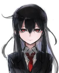 Rule 34 | 1girl, agtt25333, black hair, blazer, closed mouth, collared shirt, expressionless, hair between eyes, hair over shoulder, hatsushimo (kancolle), highres, jacket, kantai collection, long hair, looking at viewer, necktie, red eyes, red necktie, school uniform, shirt, simple background, solo, upper body, white background