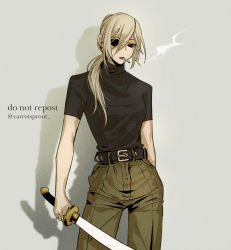 Rule 34 | 1girl, artist name, belt, black eyes, black shirt, carrotsprout, chainsaw man, cigarette, expressionless, eyebrows, eyelashes, eyepatch, female focus, green legwear, green pants, hair between eyes, highres, holding, holding sword, holding weapon, long hair, looking at viewer, one eye covered, pale skin, pants, ponytail, quanxi (chainsaw man), shadow, shirt, shirt tucked in, short sleeves, smoke, smoking, solo, standing, sweater, sword, turtleneck, turtleneck sweater, twitter username, watermark, weapon, white background, white hair