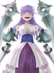 Rule 34 | 1girl, amputee, armless amputee, armor, boots, double amputee, dress, hand up, highres, long hair, looking at viewer, purple eyes, purple hair, ragna crimson, simple background, smile, starlia lese, very long hair, white background, white dress