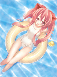 Rule 34 | 1girl, :d, afloat, aloe, aloe (quiz magic academy), bad id, bad pixiv id, blush, bow, flat chest, innertube, long hair, one-piece swimsuit, open mouth, partially submerged, pink eyes, pink hair, quiz magic academy, rubber duck, ryo (botugo), school swimsuit, smile, soaking feet, solo, swim ring, swimsuit, thigh gap, thighs, water, wet, white one-piece swimsuit, white school swimsuit