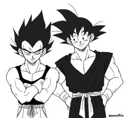 Rule 34 | 2boys, artist name, black eyes, black hair, black shirt, crossed arms, dougi, dragon ball, dragonball z, gloves, greyscale, hand on own hip, looking at another, male focus, monochrome, multiple boys, pants, shirt, short hair, simple background, sleeveless, smile, son goku, spiked hair, standing, vegeta, white background, wristband