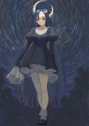 Rule 34 | 1girl, absurdres, arm behind back, black dress, black footwear, blue eyes, blue hair, closed mouth, crescent moon, dress, forest, frills, highres, horns, long hair, moon, nature, night, night sky, original, outdoors, puffy sleeves, sky, sleeves past fingers, sleeves past wrists, solo, standing, star (sky), star trail, tree, turquoise iro, very long hair