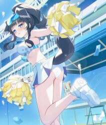 1girl absurdres animal_ears ass bare_shoulders black_hair blue_archive blue_eyes blush breasts commentary_request confetti crop_top dog_ears dog_girl dog_tail from_below from_side gloves goggles goggles_on_head halo hibiki_(blue_archive) hibiki_(cheer_squad)_(blue_archive) highres holding holding_pom_poms looking_at_viewer looking_back medium_breasts millennium_cheerleader_outfit_(blue_archive) miniskirt nose_blush official_alternate_costume official_alternate_hairstyle panties pom_pom_(cheerleading) pom_poms ponytail popoka0930 shoes skirt solo stadium standing standing_on_one_leg tail thighs underwear white_footwear white_gloves white_panties white_skirt yellow_halo