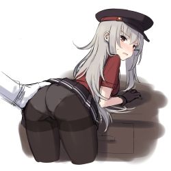 Rule 34 | 1boy, 1girl, admiral (kancolle), ass, ass grab, bent over, black gloves, blush, brown eyes, clothes lift, cnm, gangut (kancolle), gloves, grey hair, hair ornament, hairclip, hat, hetero, kantai collection, long hair, looking at viewer, looking back, miniskirt, panties, panties under pantyhose, pantyhose, peaked cap, pleated skirt, short sleeves, sketch, skirt, skirt lift, solo focus, sweat, sweatdrop, thighband pantyhose, underwear, white gloves