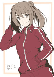 Rule 34 | 1girl, brown eyes, commission, double bun, hair bun, hand in pocket, highres, jacket, kantai collection, light brown hair, michishio (kancolle), official alternate costume, pants, red jacket, red pants, short hair, short twintails, smile, solo, taira yuuki, track jacket, track pants, track suit, twintails, upper body