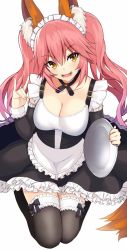 Rule 34 | 10s, 1girl, :d, animal ears, apron, black thighhighs, blush, breasts, cleavage, fate/extra, fate/grand order, fate (series), fox ears, fox shadow puppet, fox tail, frilled apron, frills, hair between eyes, holding, kneeling, large breasts, long hair, looking at viewer, maid, maid headdress, official alternate costume, open mouth, pink hair, plate, simple background, smile, solo, sukebewe, tail, tamamo (fate), tamamo no mae (fate/extra), tamamo no mae (tailmaid strike) (fate), teeth, thighhighs, tray, twintails, waist apron, waitress, wavy hair, white background, yellow eyes