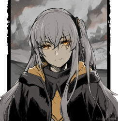Rule 34 | 1girl, black jacket, commentary request, dated, frown, girls&#039; frontline, grey hair, hair between eyes, hair ornament, hood, hood down, hooded jacket, jacket, long hair, looking at viewer, muted color, one side up, outdoors, rubble, ruins, solo, straight-on, tsuki tokage, ump45 (girls&#039; frontline), upper body, yellow eyes