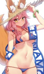 Rule 34 | 10s, 1girl, absurdres, animal ear fluff, animal ears, bad id, bad pixiv id, bikini, blue bikini, bracelet, breasts, cleavage, collarbone, ears through headwear, fate/extella, fate/extra, fate/grand order, fate (series), fox ears, fox tail, groin, hat, highres, jewelry, large breasts, looking at viewer, narynn, navel, pink hair, side-tie bikini bottom, simple background, solo, straw hat, swimsuit, tail, tamamo (fate), tamamo no mae (fate/extra), tamamo no mae (swimsuit lancer) (fate), tamamo no mae (swimsuit lancer) (second ascension) (fate), white background, yellow eyes