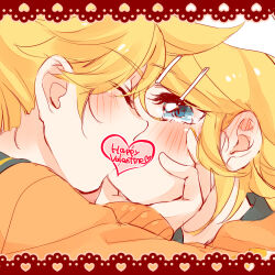 Rule 34 | ahoge, blonde hair, blush, brother and sister, cardigan, censored, censored kiss, close-up, closed eyes, ear blush, eyelashes, face-to-face, framed, grabbing another&#039;s chin, grey sailor collar, hair ornament, hairclip, hand on another&#039;s chin, happy valentine, heart, heart censor, incest, kagamine len, kagamine rin, kiss, lace, mimi mine, open mouth, orange cardigan, sailor collar, siblings, spiked hair, swept bangs, twins, vocaloid