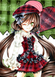 Rule 34 | 00s, 1girl, :3, ;3, alternate costume, bad id, bad pixiv id, beret, bow, brown hair, frilled sleeves, frills, green eyes, hair between eyes, hat, hat bow, lace, long hair, marker (medium), nm xyukky, one eye closed, rozen maiden, solo, star (symbol), suiseiseki, traditional media, twintails, very long hair, wink