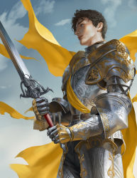 Rule 34 | 1boy, absurdres, armor, black hair, blue eyes, cape, cloud, fantasy, from side, hair behind ear, highres, holding, holding sword, holding weapon, knight, male focus, mam ba, metal gloves, nose, original, parted lips, realistic, sky, solo, sword, weapon, yellow cape